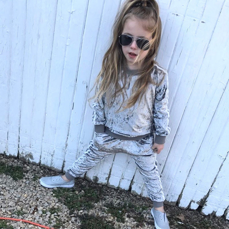 Children's Autumn Fashion Style Gold Diamond Velvet 2-piece Set