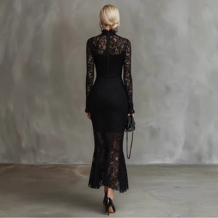 Black Stretch Lace Mermaid Maxi Dress