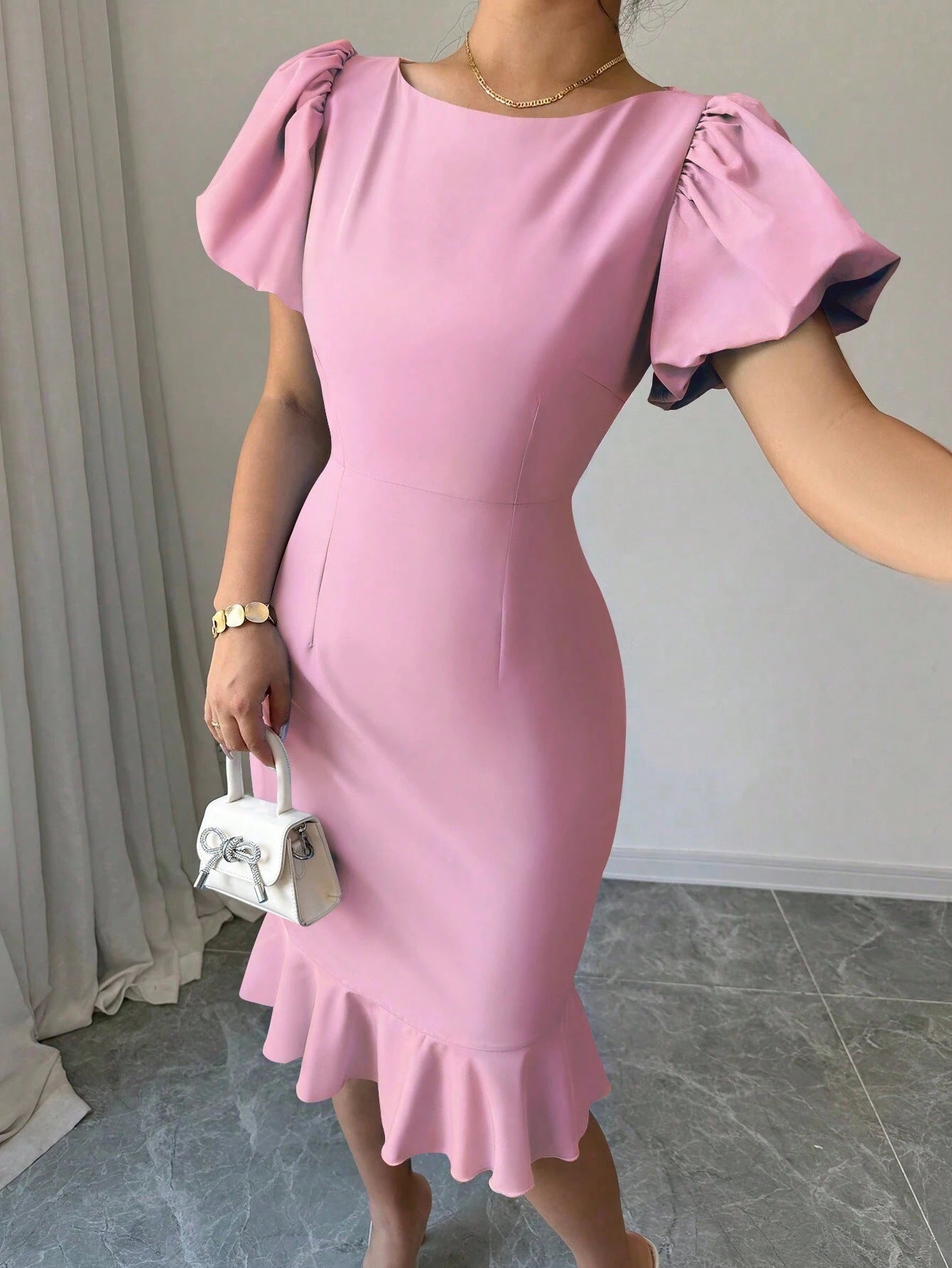 Round Neck Lantern Sleeve Ruffled Elegant Fishtail Skirt