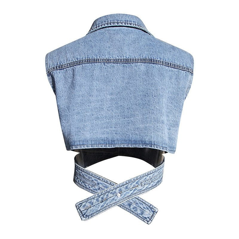 Irregular denim vest puff sleeve shirt