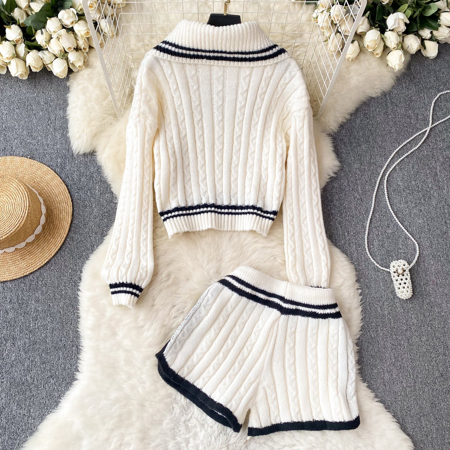 Breasted-collar Striped Sweater And Wide-leg Shorts Set