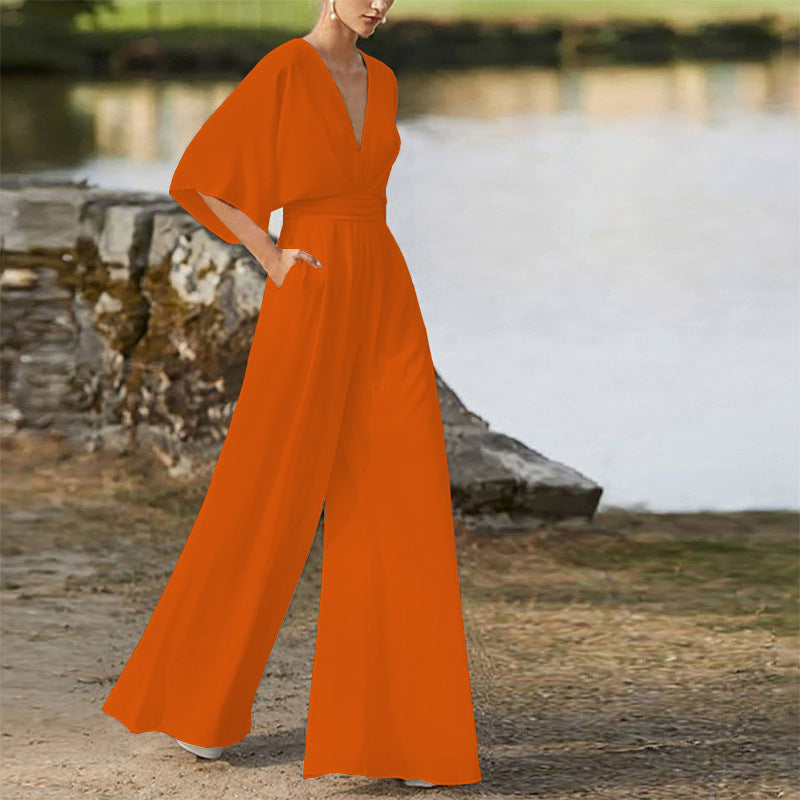 Women's Dress Jumpsuit Deep V High Waist Wide Legs
