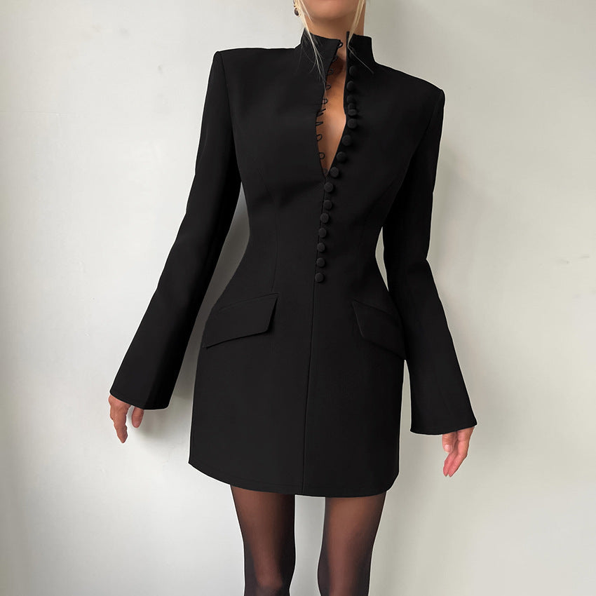Women's Slim Waist Long Sleeve Stand Collar Dress