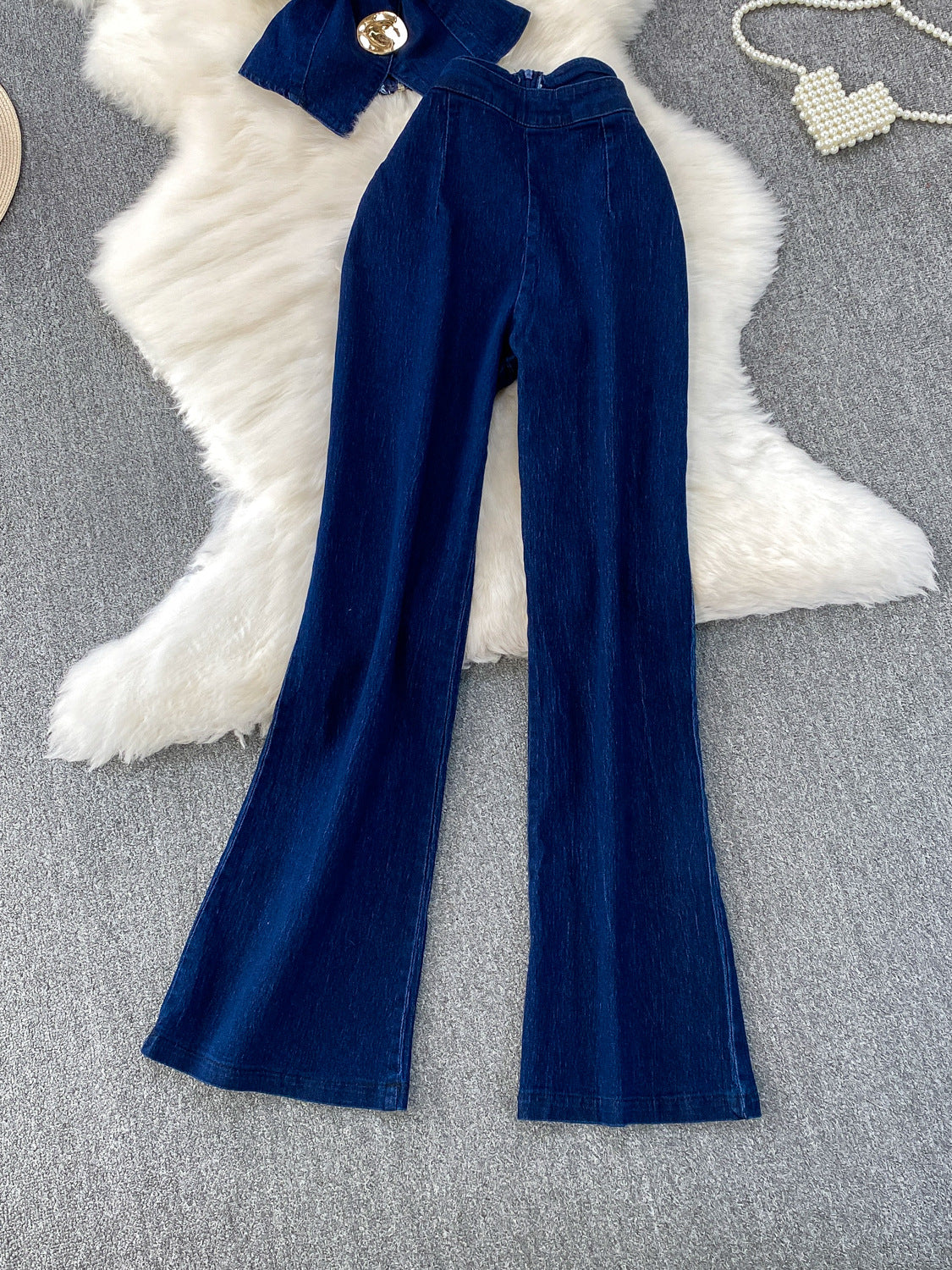 Metal Button Crew Neck Sleeveless Denim Vest High Waisted Wid Leg Pants Set