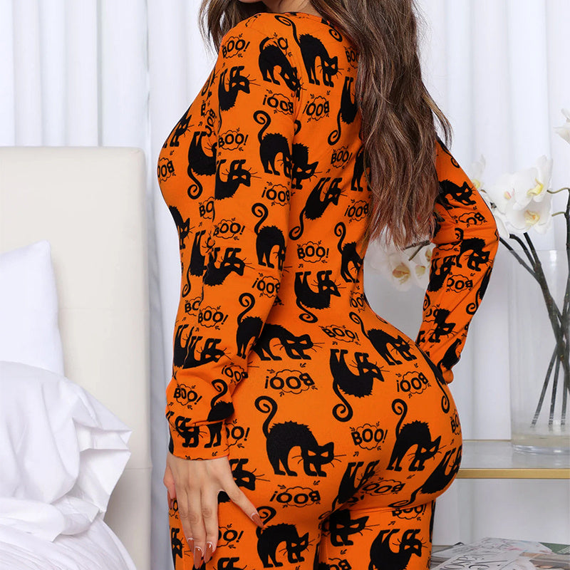 Combinaison imprimée Halloween à manches longues, pyjama pour la maison, pantalon décontracté, vêtements de cosplay pour femmes