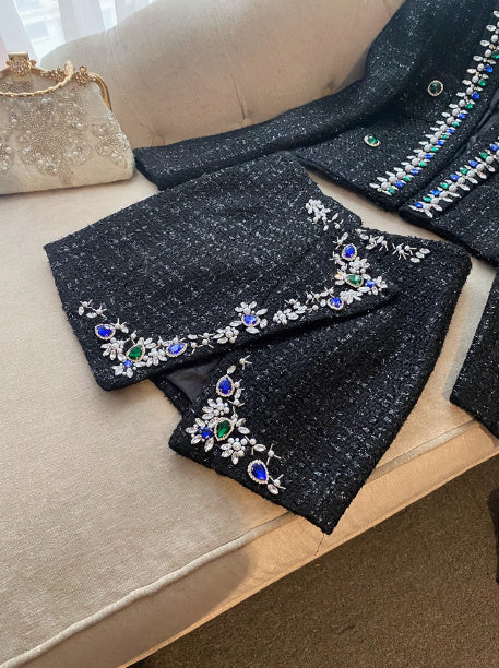 Diamond Blue And Fruit Collar Short Tweed Coat Short Skirt