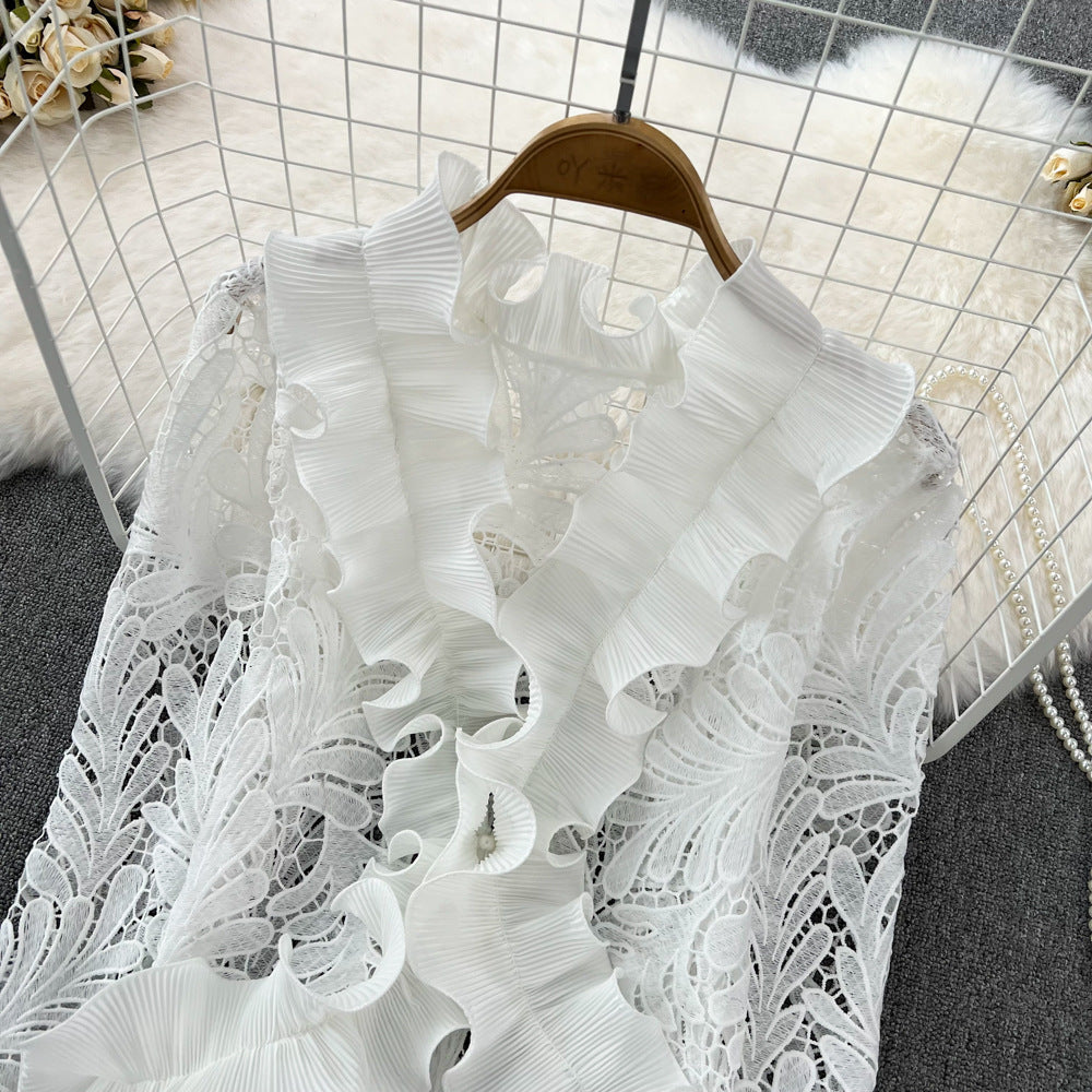 Retro Temperament V-neck Ruffled Lace Top