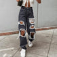 Women's American Retro Hole-punched Jeans Women High Waist Straight-crotch Loose Slim Design High-street Vibe Wide-legged Dragging Pants