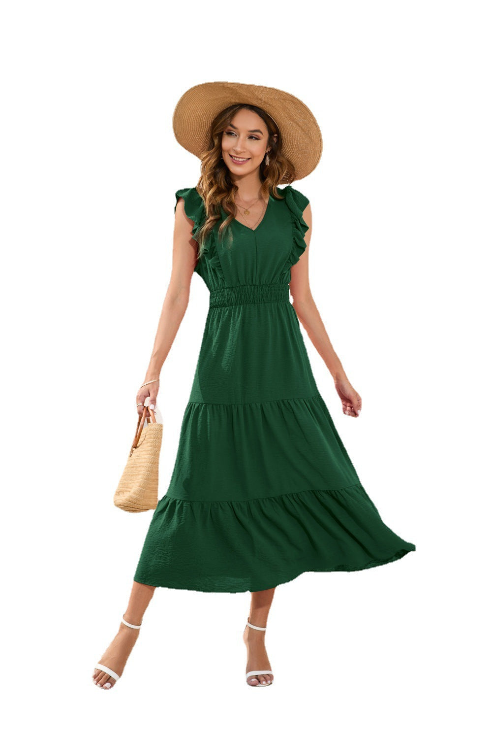 Long Casual Holiday V-neck High Waist Cake Dress