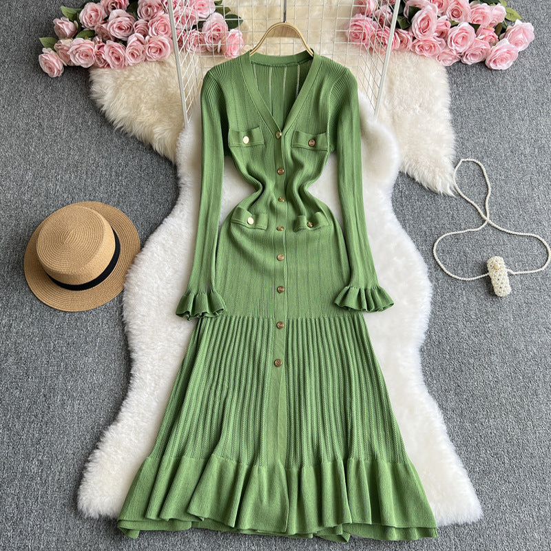 V-neck Metal Buckle Slim Fit Slimming Flounce Knitted Dress
