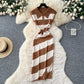 Niche Vintage-style Fashion Polo-neck Short-sleeve Contrast-striped Knit Dress