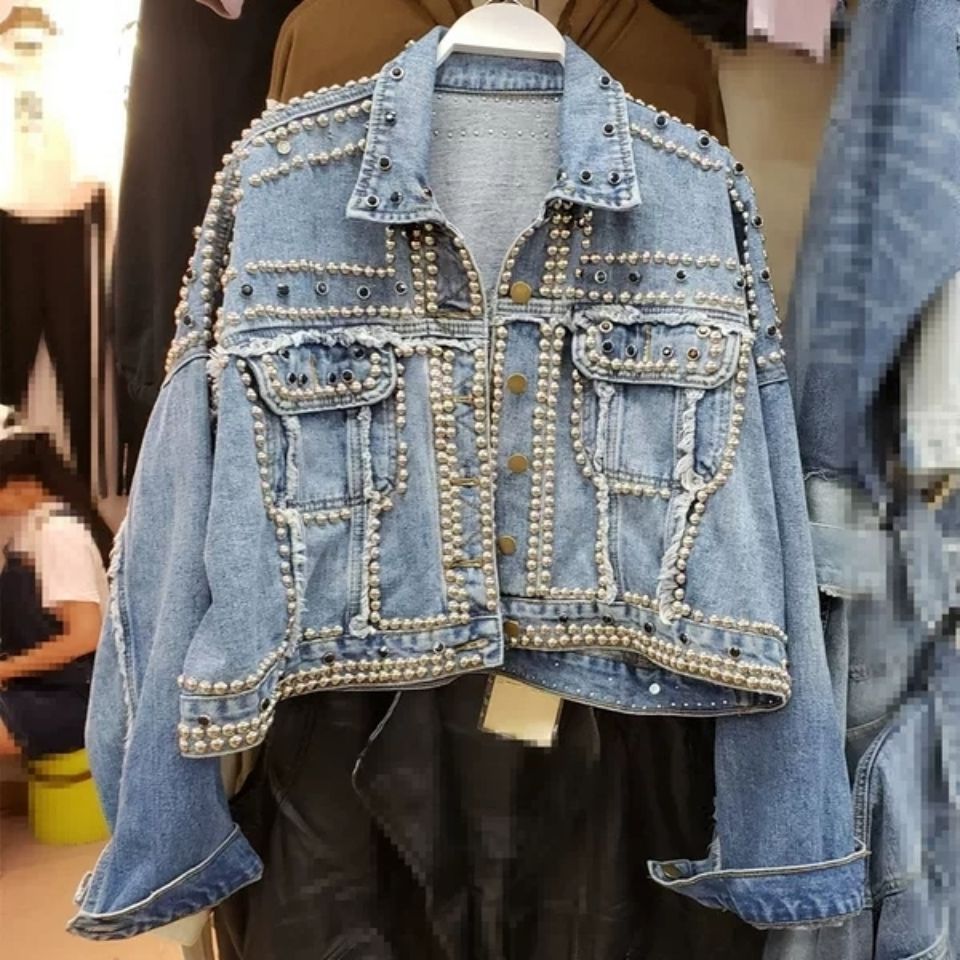 Heavy Industry Handmade Rivet Nail Drill Fashion Short Denim Jacket