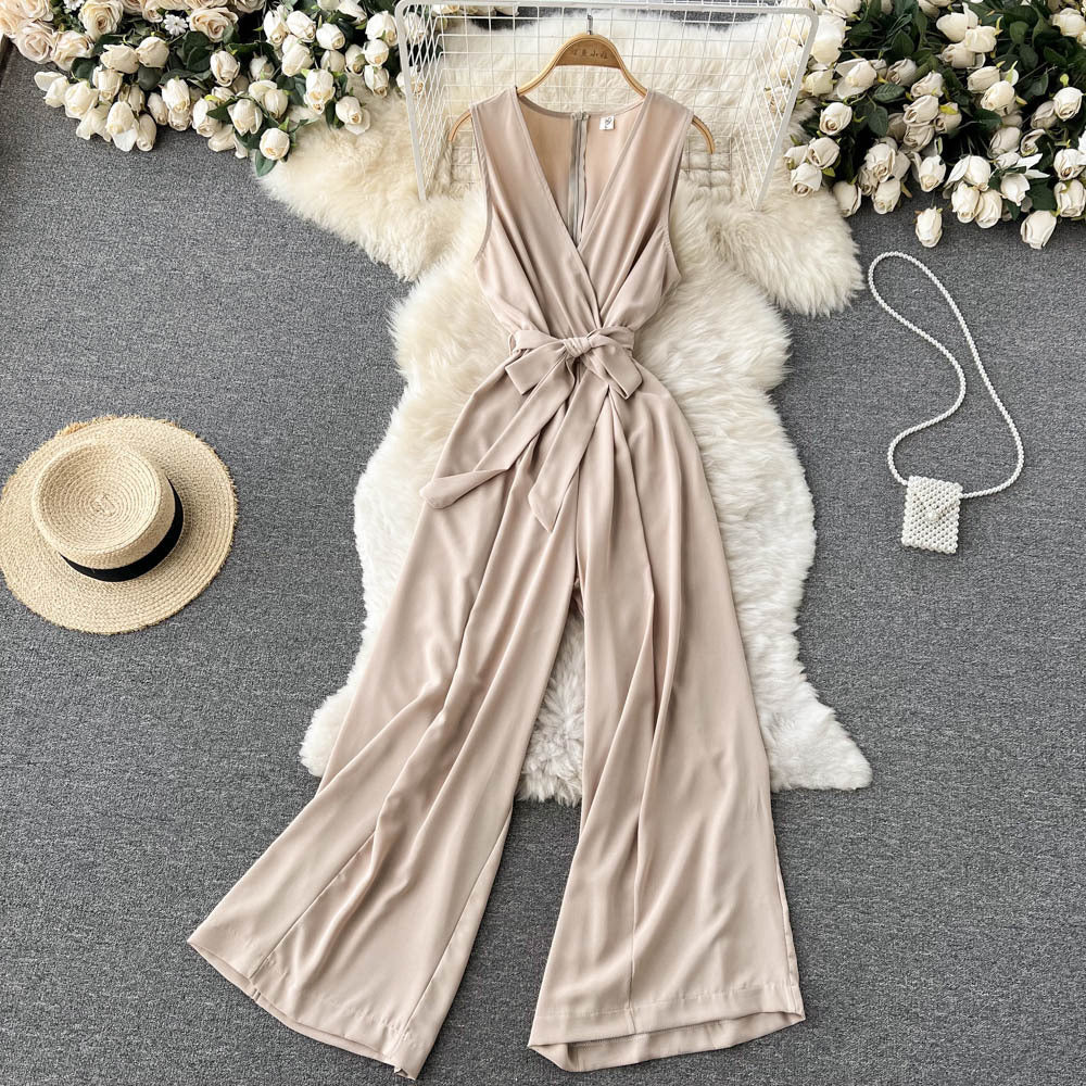 Combinaison sans manches à col en V et taille haute pour femme
