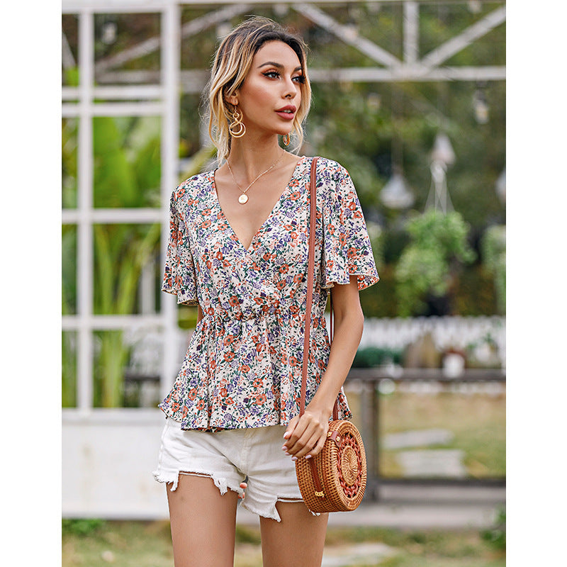 Women's V-neck Waistband Floral Shirt