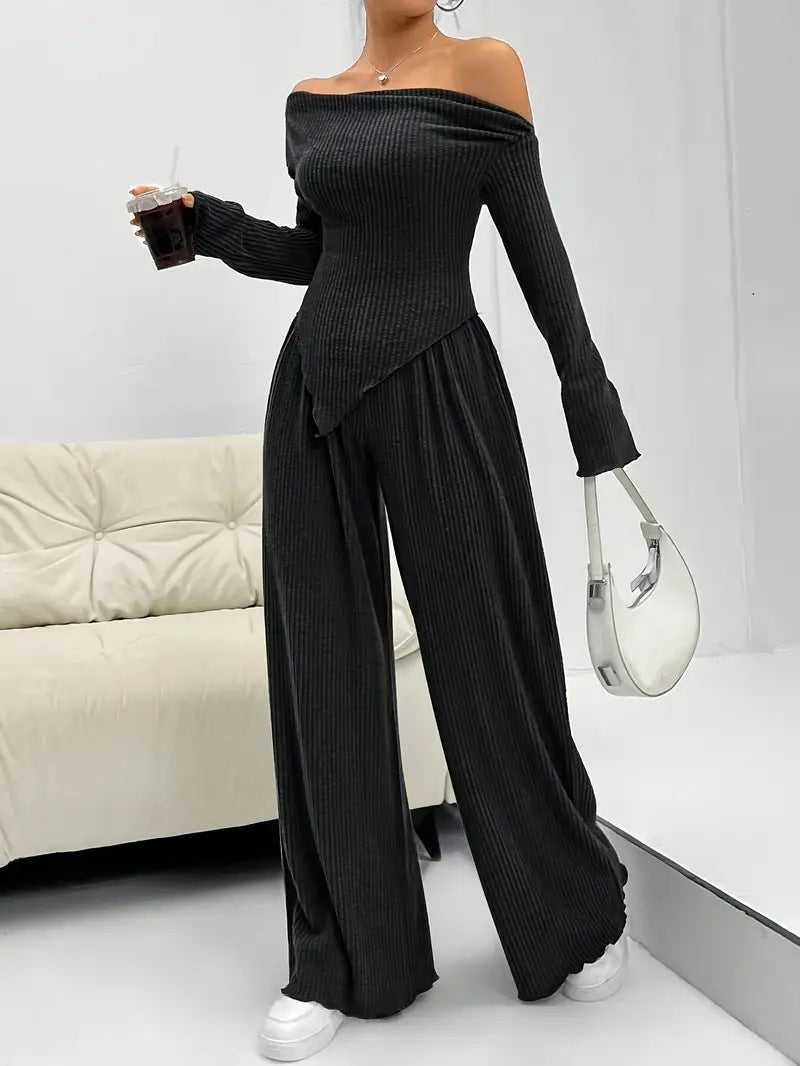 Solid-color Elegant Off-shoulder Sleeveless Shirt And Wide-leg Pants Set For Women