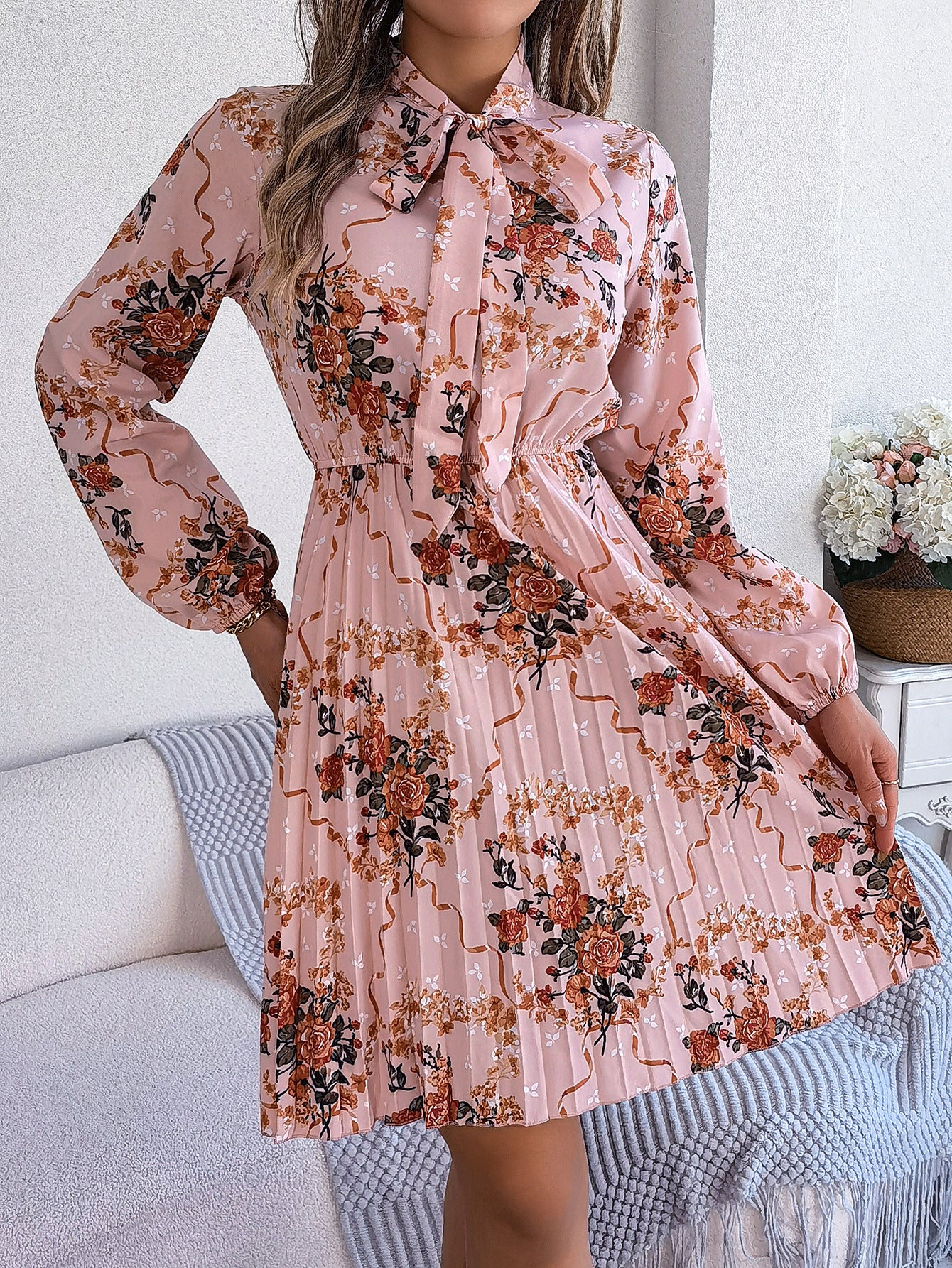 Jupe plissée à manches longues et lacets à taille contrôlée, style européen et américain, automne et hiver, élégante, à fleurs