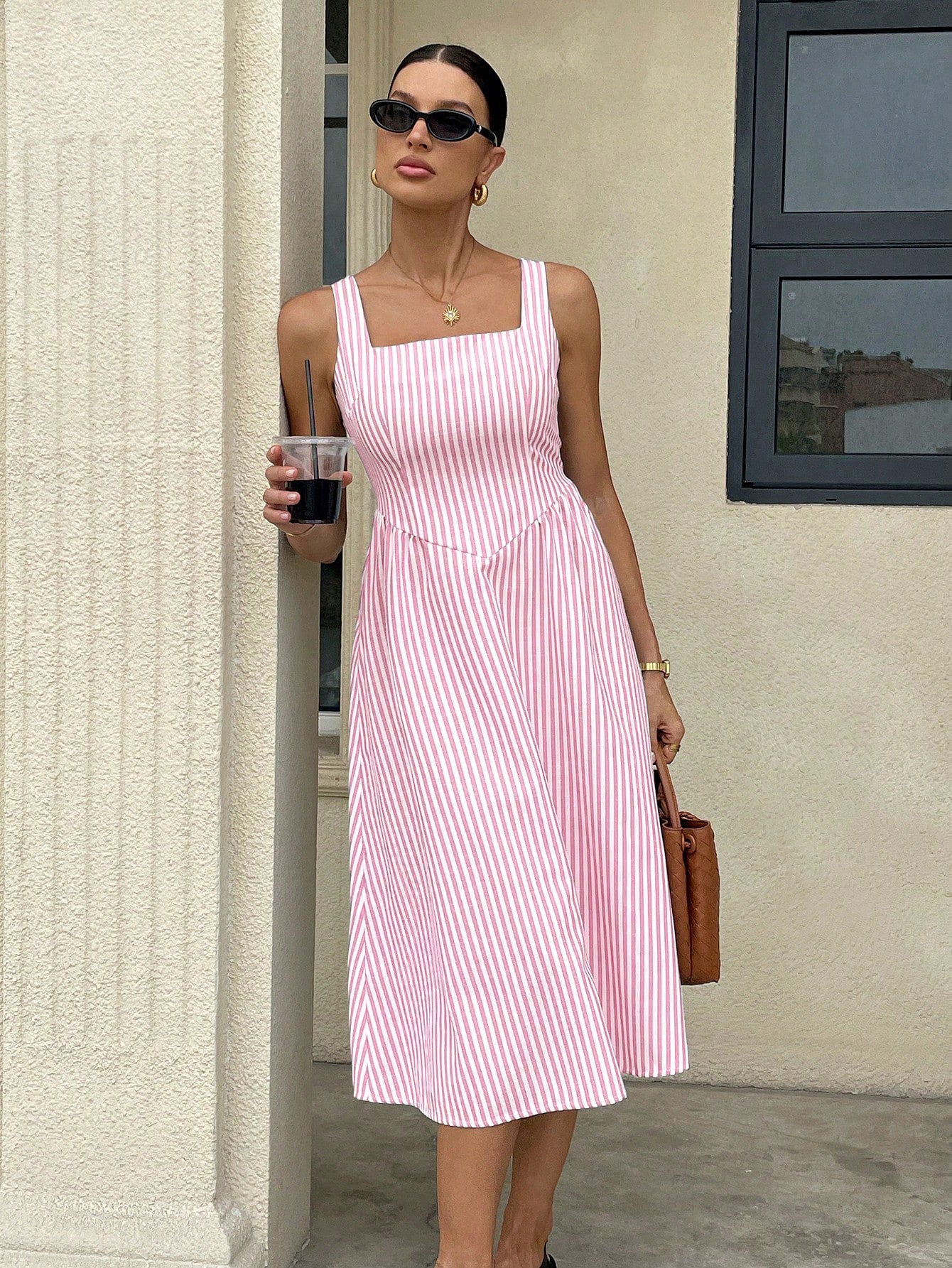 Womens Casual Sleeveless Strappy Square-Neck Colorblock Striped Dress
