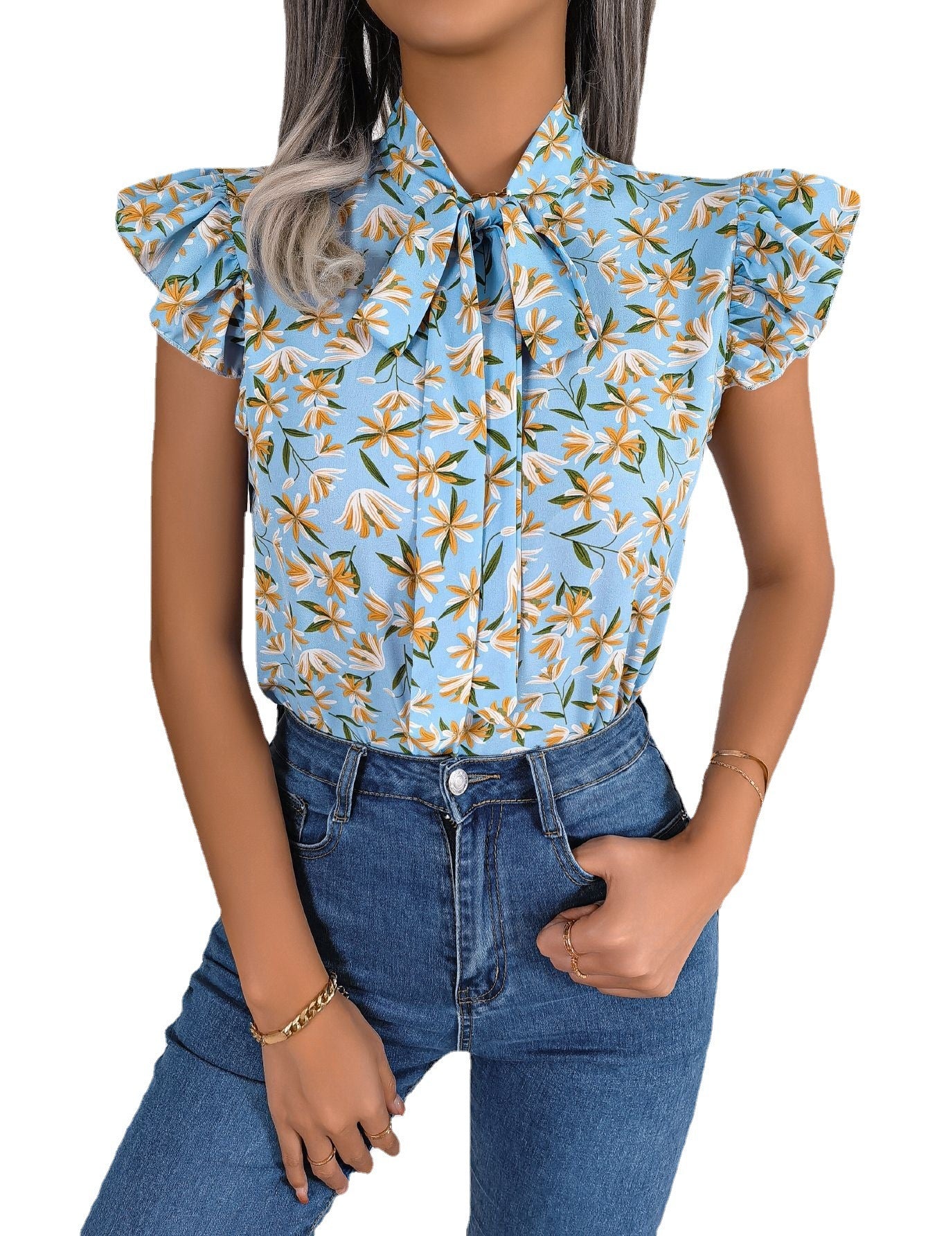 Casual Floral Stringy Selvedge Lace-up Bow Top