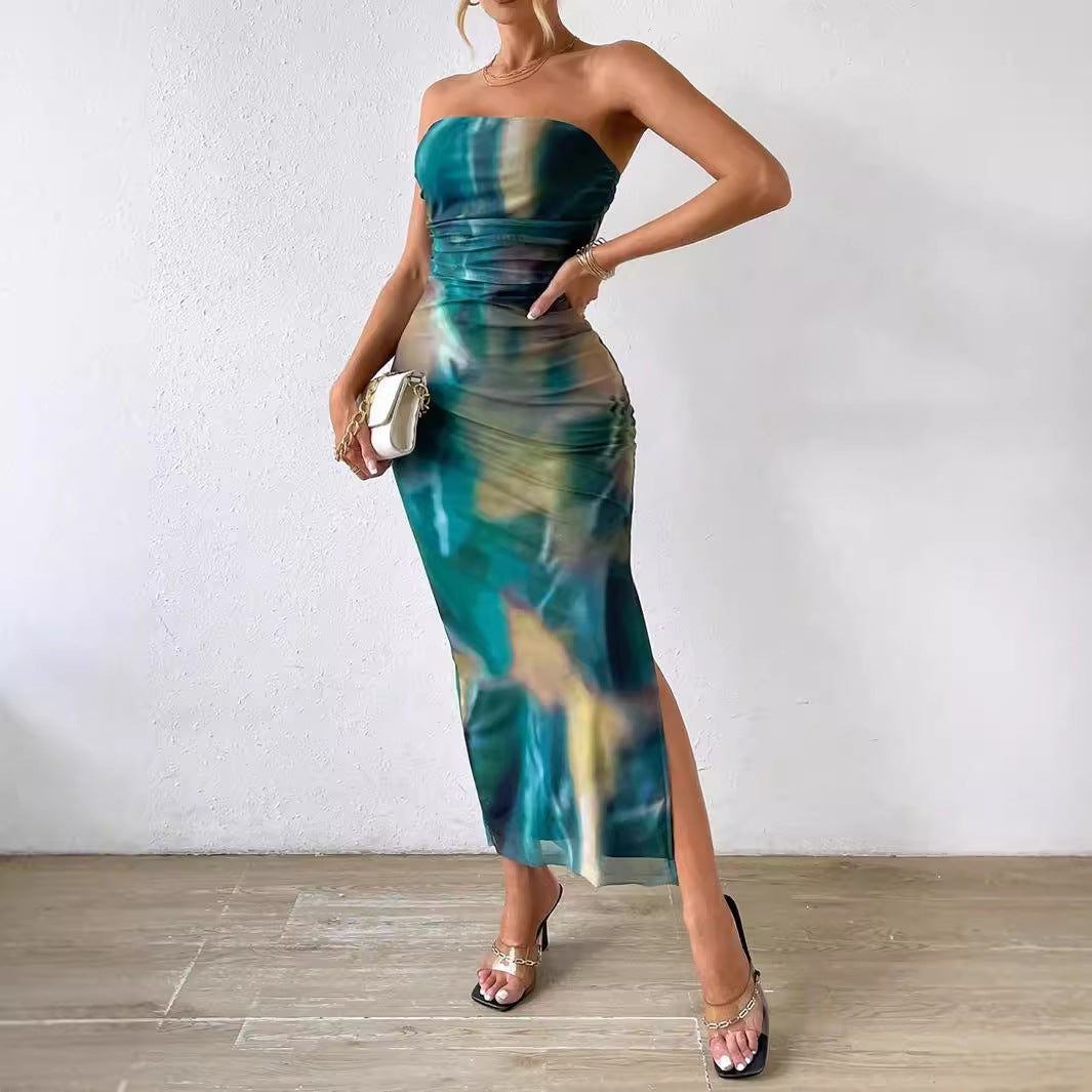 Side Slit Tie-dye Backless Sheath Dress