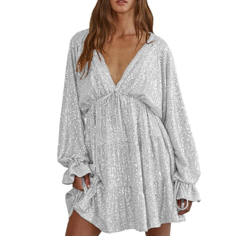 Robe drapée à lacets et col en V à paillettes pour femme