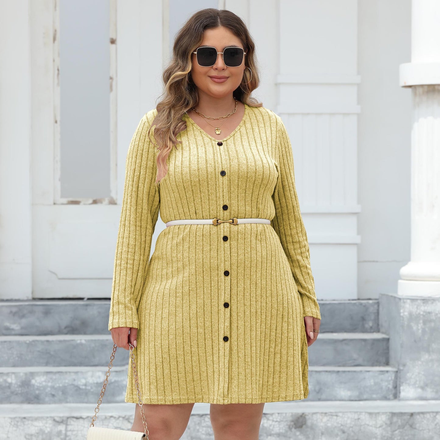 Women's Plus Size Button Deep V Stripe Dress