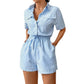 Striped Casual Short-sleeve Belted Jumpsuit