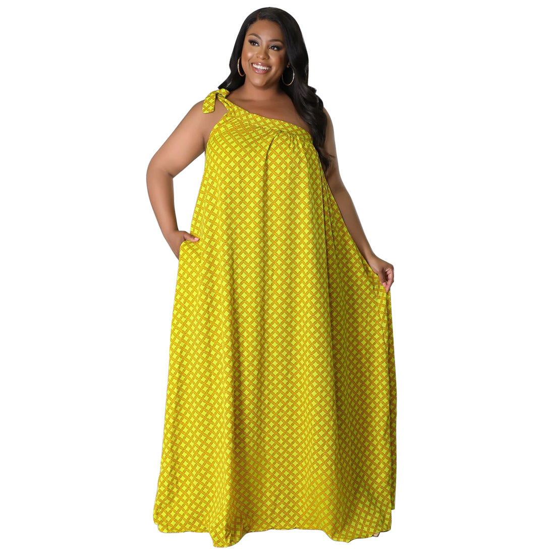 Plus-size Women's Sexy Backless Solid-color Printed One-shoulder Halter Dress