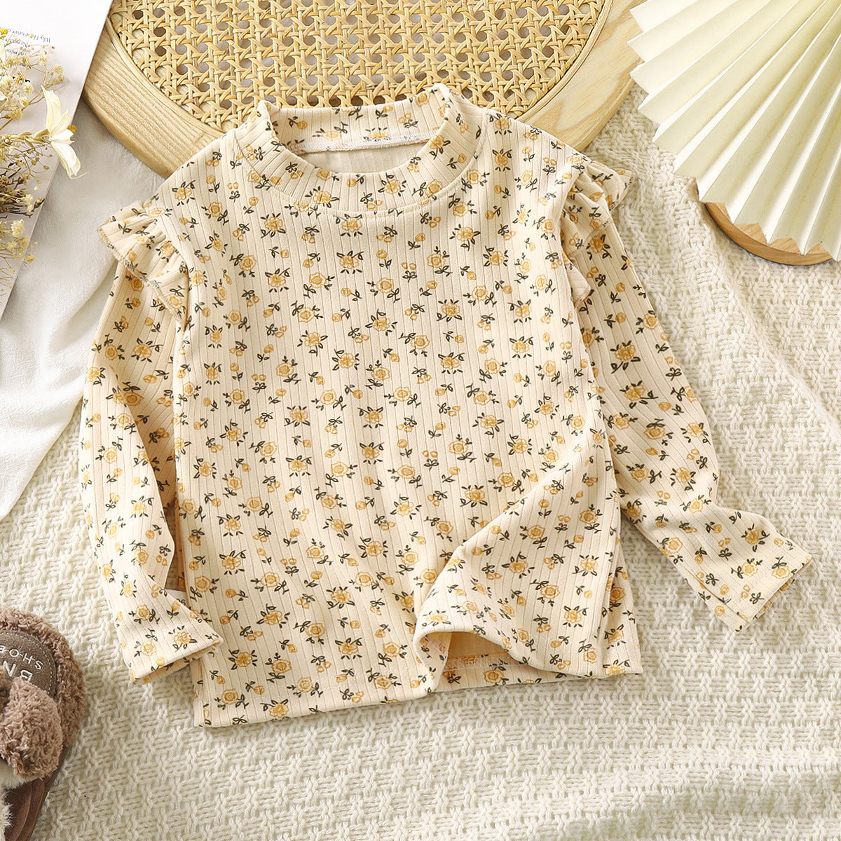 Girls' Autumn And Winter Floral Bottoming Shirt Flounced Sleeve T-shirt