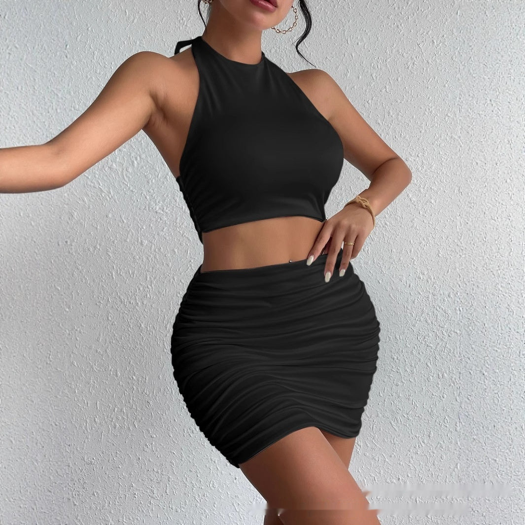 Womens High-End Casual Comfortable Halterneck Bodycon Set