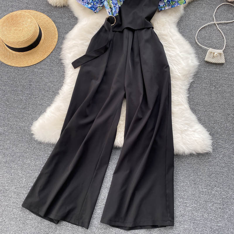 Combinaison deux pièces style occidental à col en V, taille haute, drapée amincissante, jambes larges, pour femmes