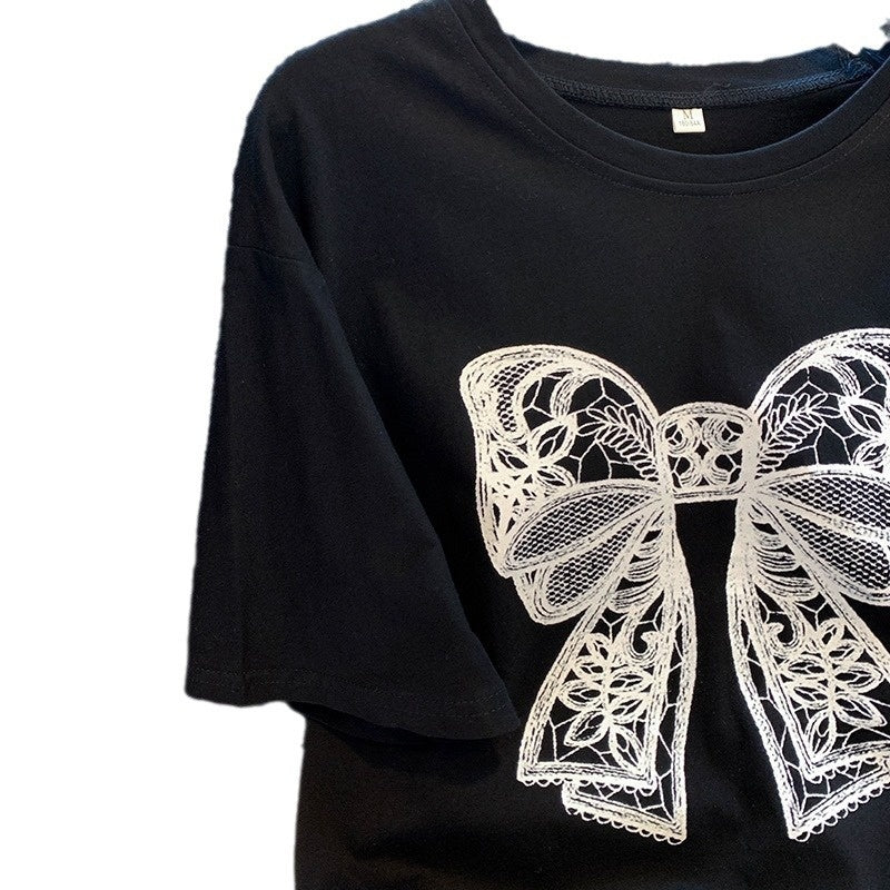 Nouveau t-shirt à manches courtes imprimé nœud papillon pour femme