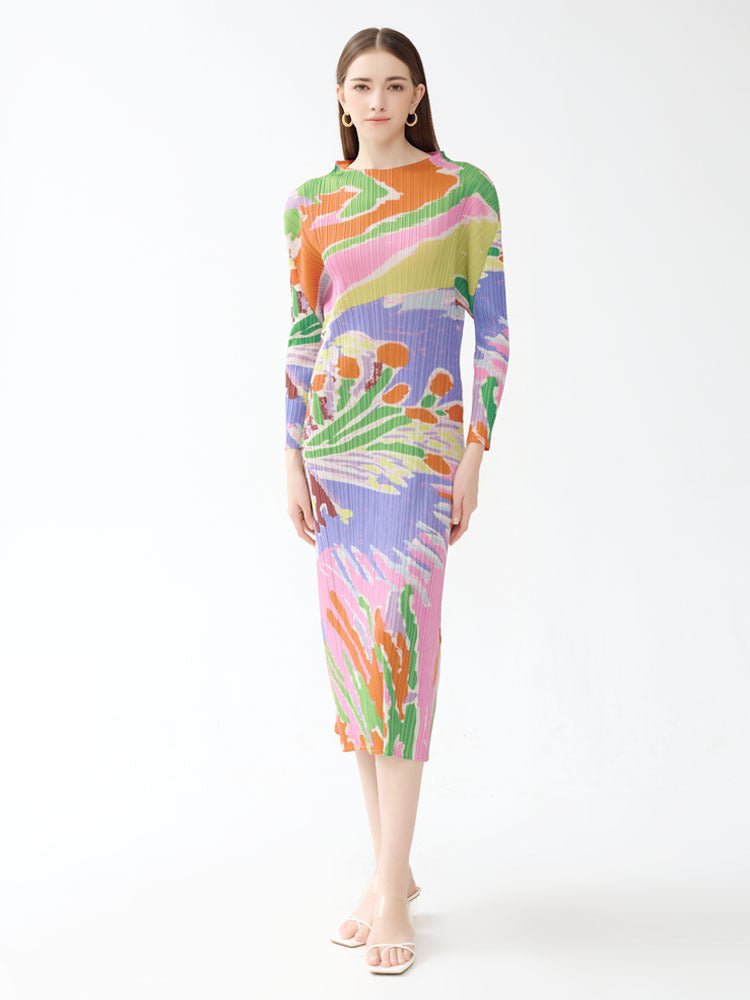Robe imprimée décontractée à col rond et manches longues pour femme