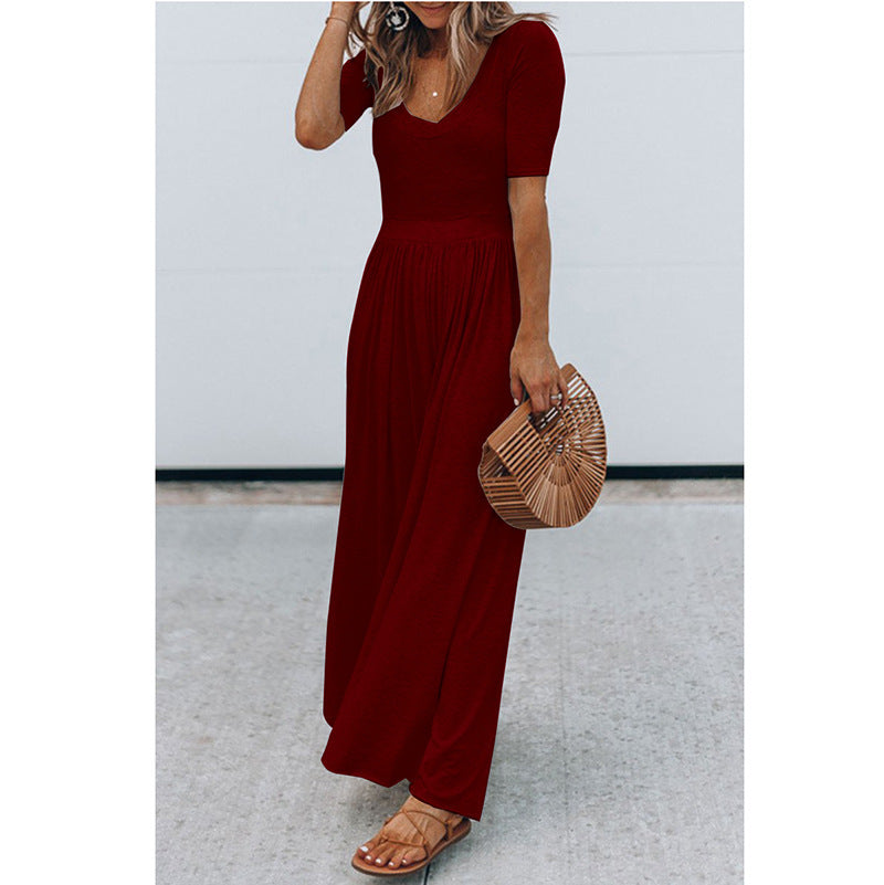 New Round Neck Short Sleeve Long Jumpsuit