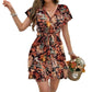 Summer French High Waist Floral Tie-neck V-neck Short Sleeve Dress