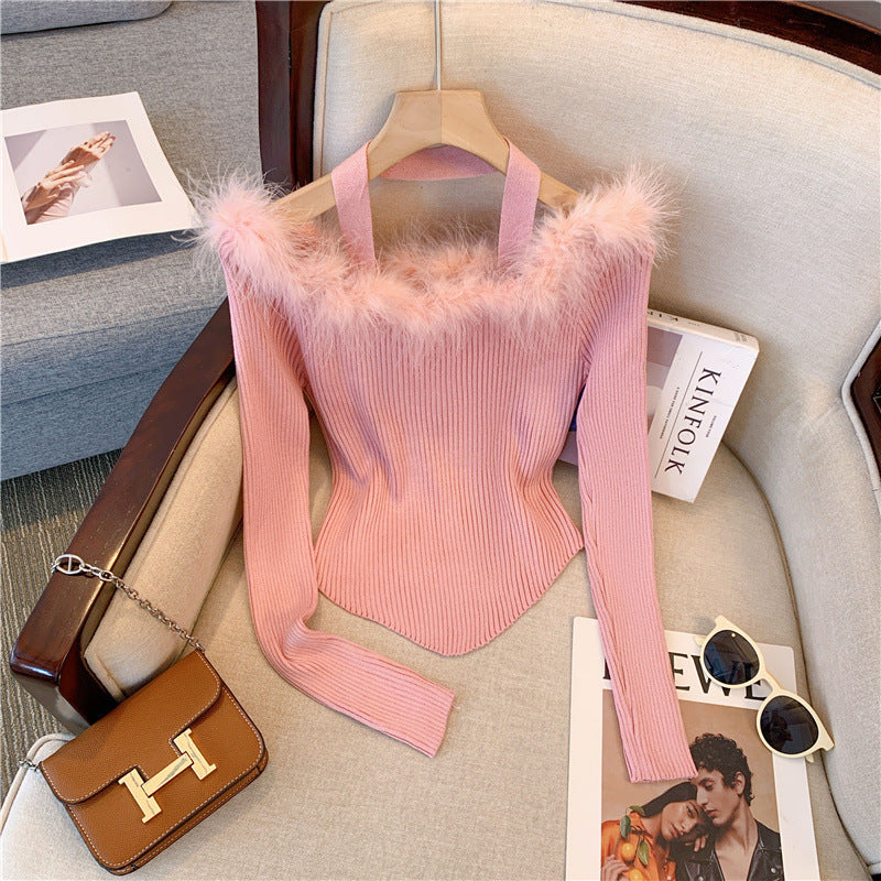 Super Fairy Fur Collar Off-shoulder Sweater Women's Design Sense Niche Off-shoulder Slim Top