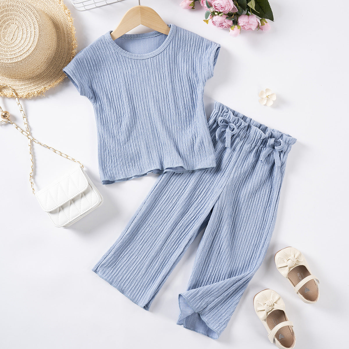 Girls Casual Style Solid Color Short Sleeve Trousers Suit
