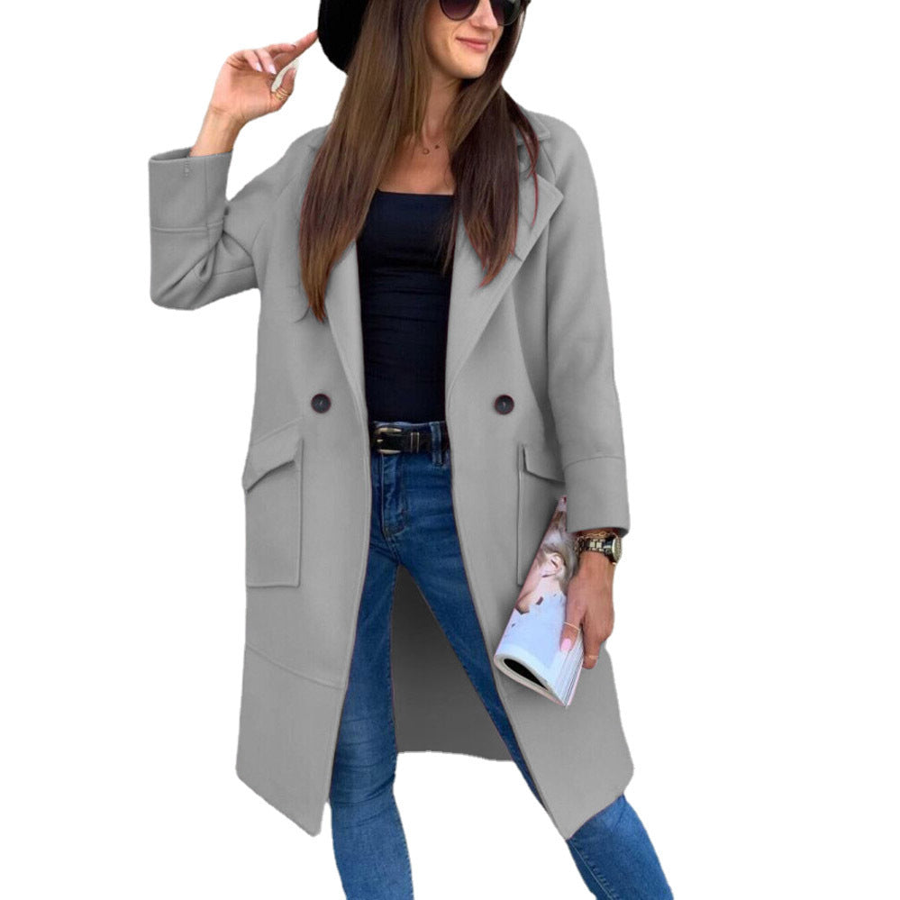 Manteau en laine à manches longues et col boutonné, couleur unie, automne et hiver