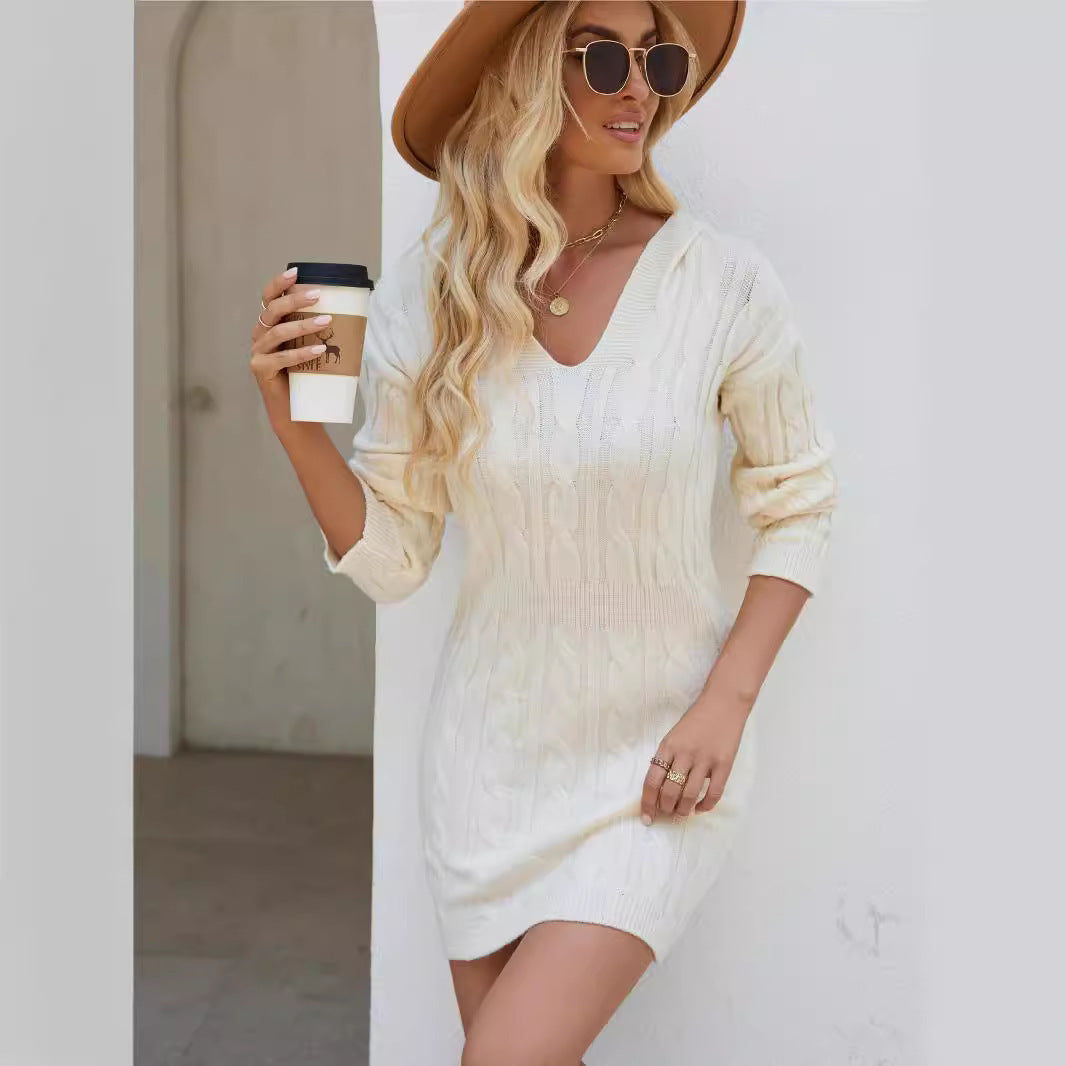 Robe en tricot à manches longues et col en V pour femme, couleur unie, taille fine, tendance
