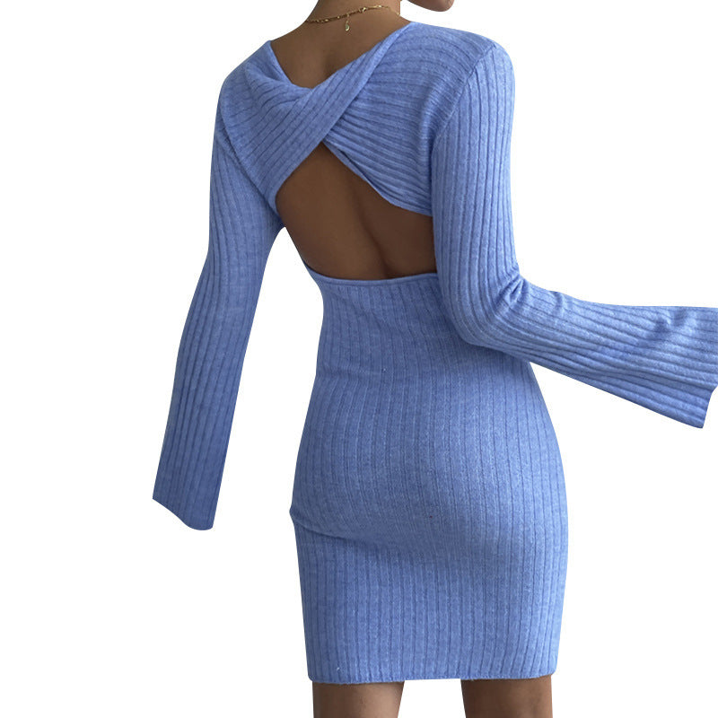 Robe pull longue dos nu à manches cloche pour femme, couleur unie