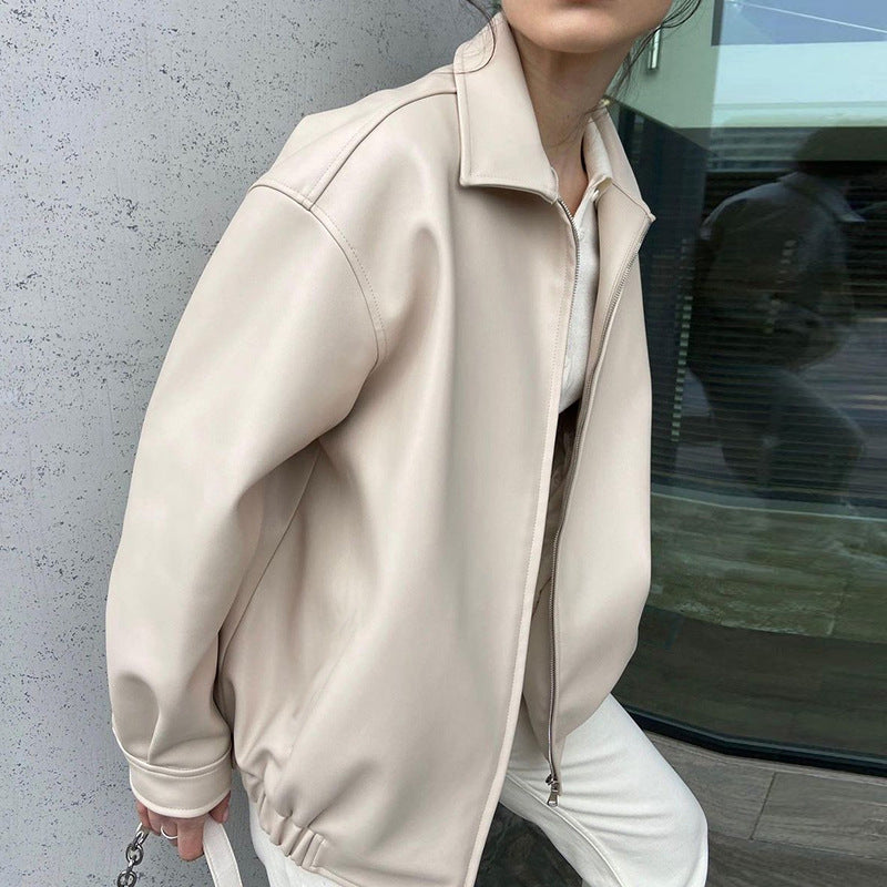 Women's Leather Solid Color Windbreaker Zipper Loose Coat