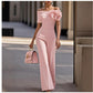 Womens Off-the-Shoulder 3D Floral Patchwork Wide-Leg Jumpsuit