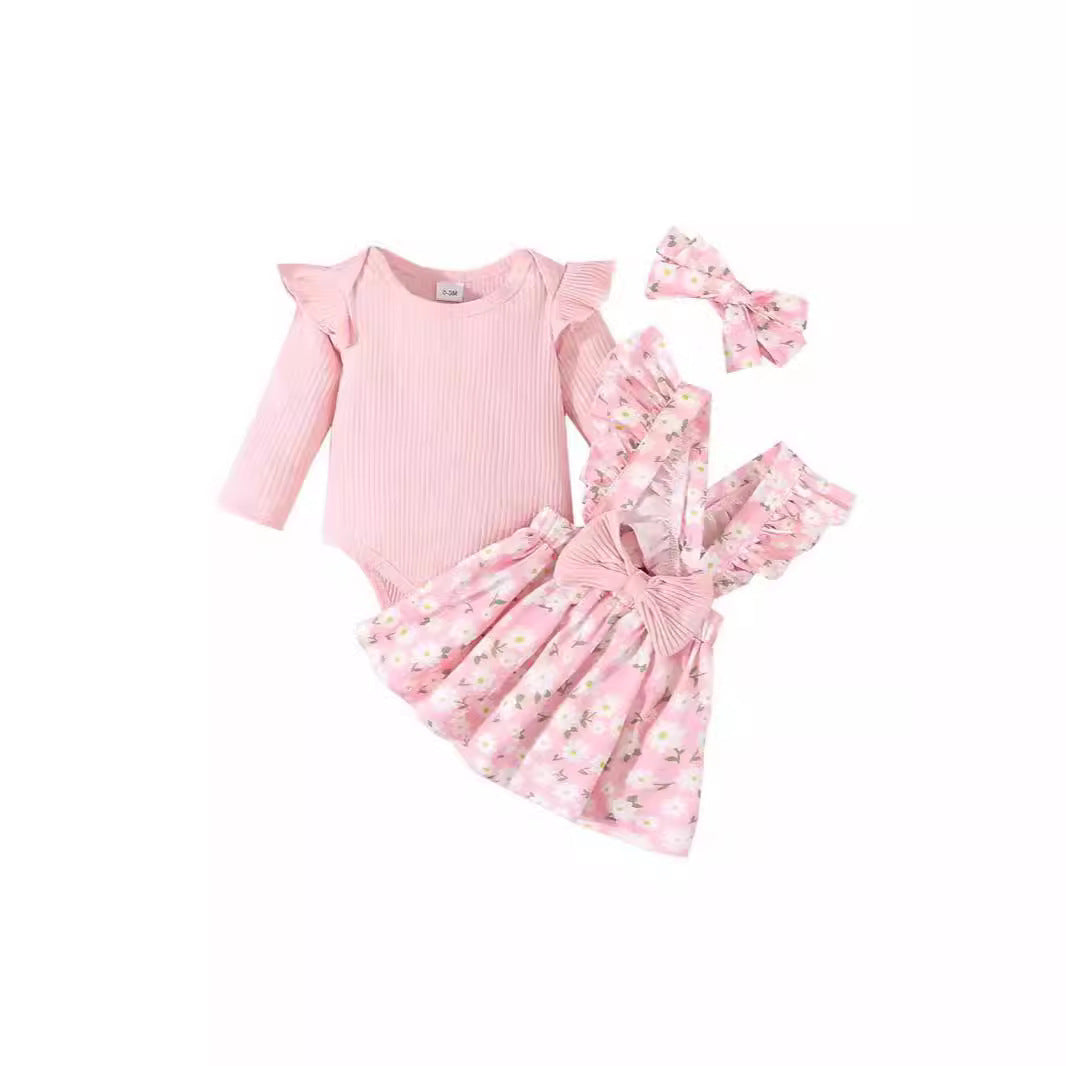 Combinaison 3 pièces simple pour nourrissons, style pastoral européen et américain, commerce extérieur transfrontalier, jupe à bretelles florale avec nœud