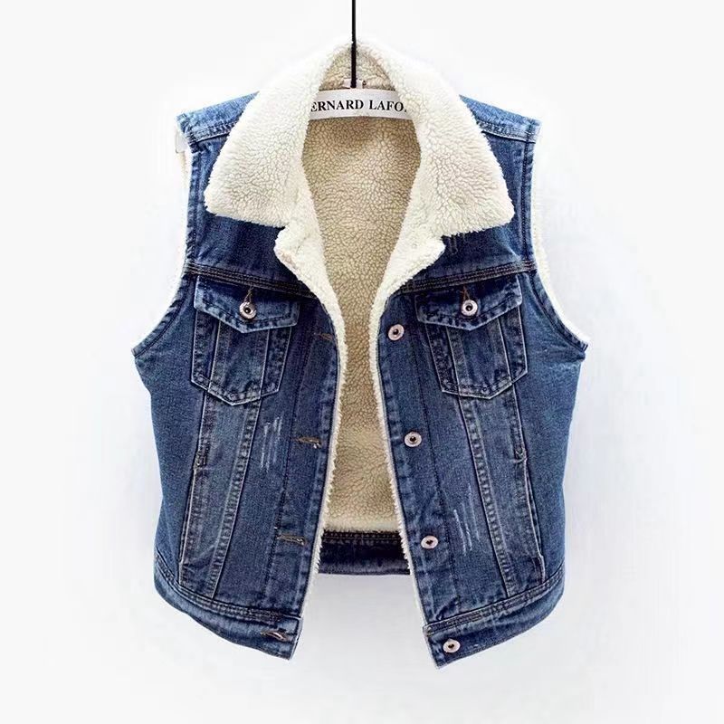 New Denim Vest Fleece-lined Thickened Slim Fit Hooded Cotton Jacket Warm Top Fashion