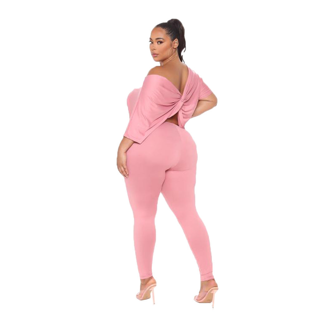 Costume deux pièces ample décontracté dos nu torsadé couleur unie