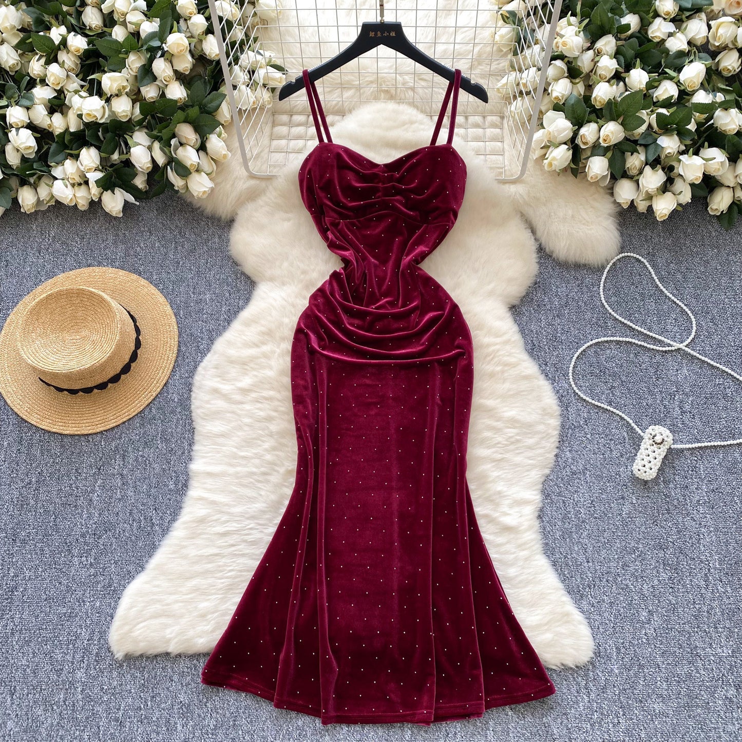 Women's Socialite Pleated Waist Tight Suspender Dress
