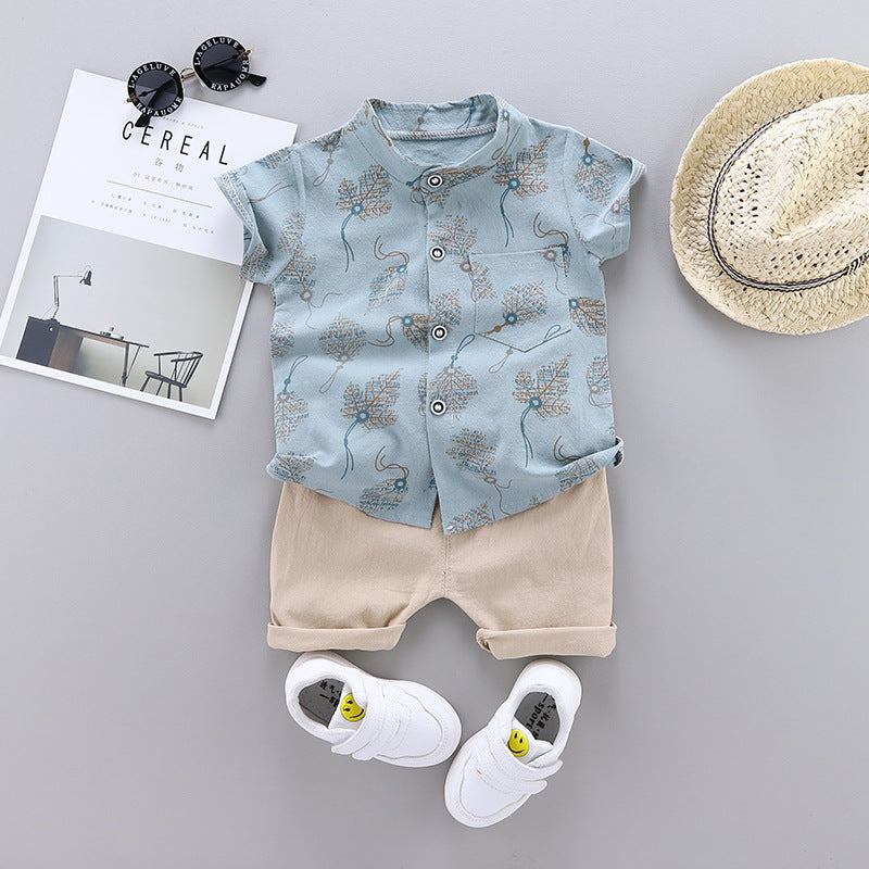 Boy's Fashion Single-breasted Stand Collar Short Sleeve Shirt Casual Pants Suit