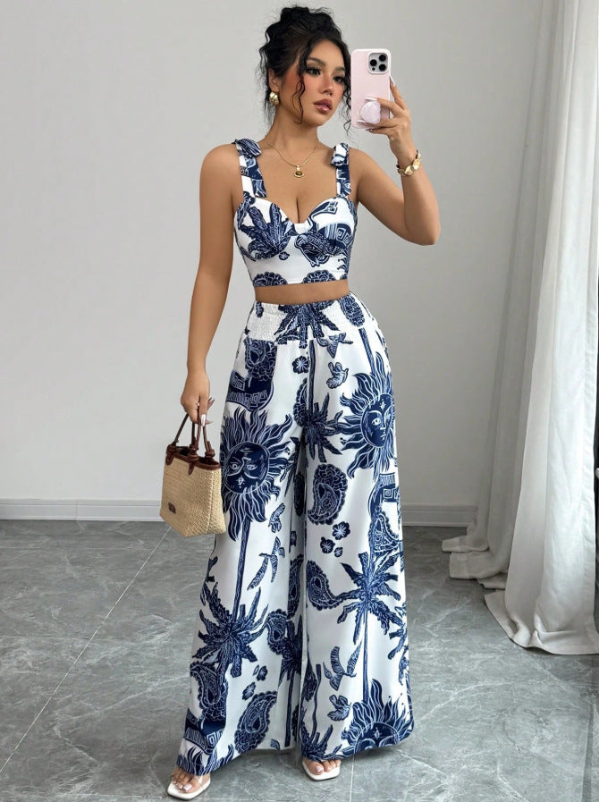 V-neck Strap Vest Loose Wide Leg Pants