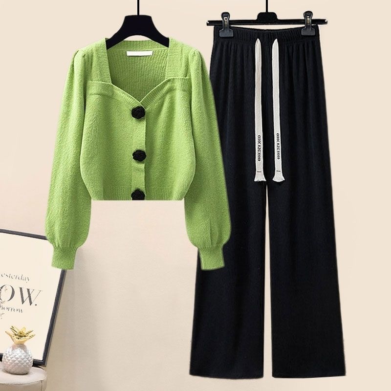 Gentle Puff Sleeve Knit Sweater High Waist Wide Leg Casual Pants Set