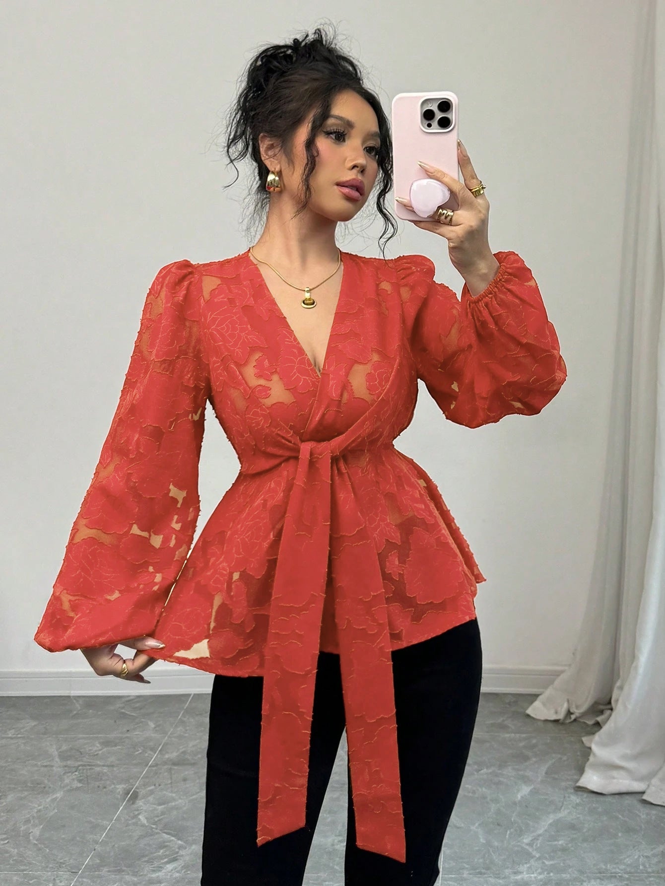 Fashionable Semi-transparent Long-sleeved V-neck Women's Shirt