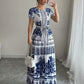 Womens Printed Elegant Simple Lace-up Round-neck Dress